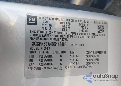 2011 Chevrolet Silverado 1500 Lt z USA, uszkodzony, nr VIN 3GCPKSEA4BG110005